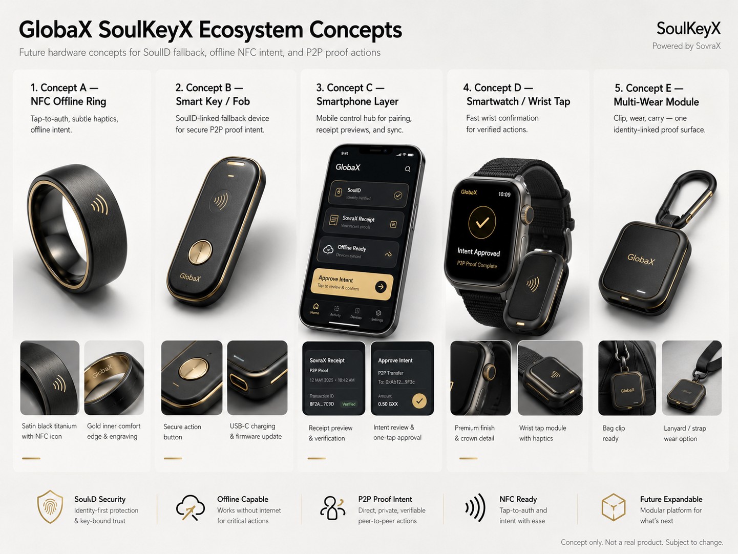 GlobaX SoulKeyX Ecosystem Concepts board — NFC ring, key fob, smartphone, smartwatch, and multi-wear module concepts